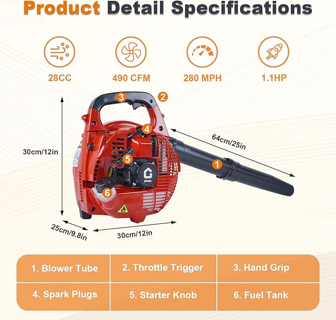 Gas Powered Leaf Blower, 28 CC 1.1-HP 2-Stroke Engine Gas Leaf Blower, Powerful 490 CFM & 280 MPH Output£¬Lightweight Handheld Design for Lawn Care, Driveway Cleaning & Light Snow