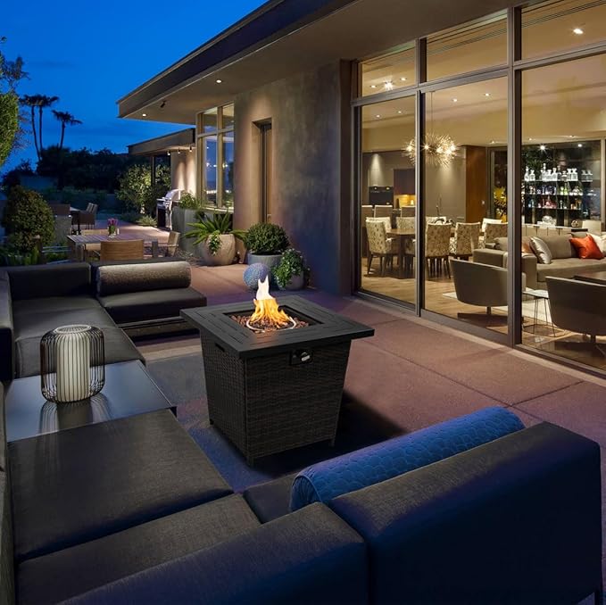 28'' Propane Fire Pit Table, 50,000 BTU Fire Table with Brown Wicker, Laval Rocks, Inclined Leg Design.