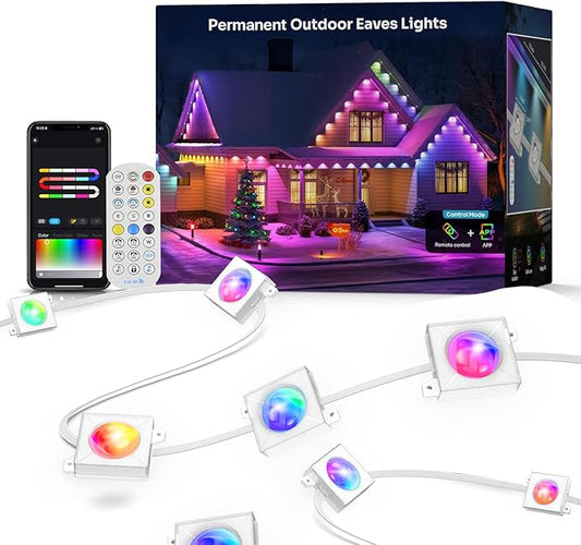 Permanent Outdoor Lights for House: 100FT RGB+IC LED Eave Light with Smart APP & Remote Control, 72 Scene Modes, IP65 Waterproof String Lights-Party, Christmas Decoration(Extension Cord Not Included)