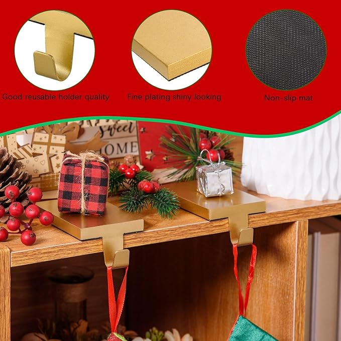 6 Pcs Christmas Stocking Holders Hanging Hooks Heavy Duty Mantel Stocking Holder Bases Weighted Metal Stocking Hangers for Shelf Fireplace Stair Xmas Party Decor (6, Gold)