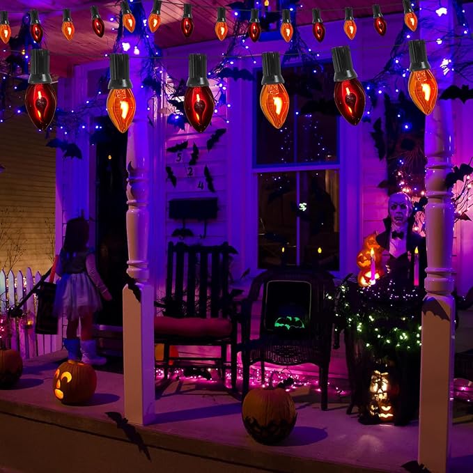 25Ft C7 Halloween Orange Purple String Lights Outdoor, Christmas Decorations Patio Light with 25 Orange/Purple Flickering Flame Lights Waterproof UL Listed for Outdoor Party Garden Bistro Roof Decor