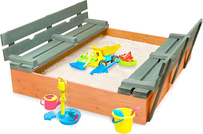 Badger Basket Wooden Sandbox with Lid & Benches - Large Outdoor Sandbox for Kids Made of Cedar - Foldable Cover, Seating & Backyard Playset - Natural/Green