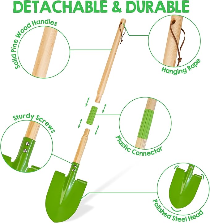 Kids Gardening Tools Set - 6PCS Detachable Garden Tool Kit with Gloves, Shovel, Rake, Hoe, Leaf Rake & Spray Bottle - Wooden Handles with Hanging Hole, Perfect Outdoor Toy Gift for Ages 3-5