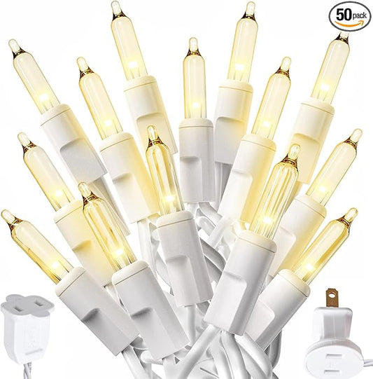 PREXTEX 10 Ft String Lights with Christmas Tree Light Warm White - Indoor/Outdoor Decor - 50 Count Christmas Lights for Holidays - Xmas Light on White Wire - Multi-Strand Connectable