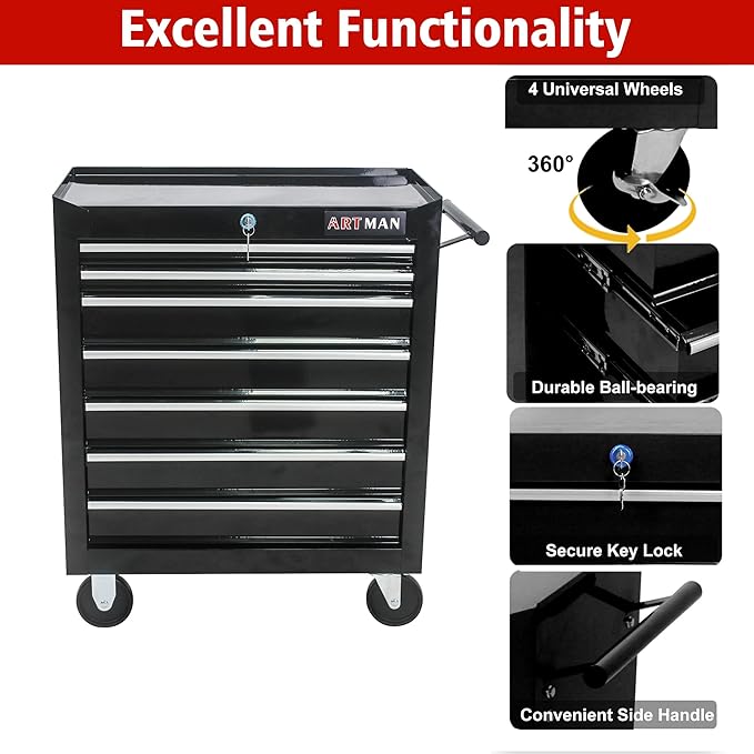 RYH 7 Drawers Rolling Tool Chest & Tool Box on Wheels | Heavy Duty Metal Cart with Ball Bearing Drawers | Fits US General Tool Box for Garage Storage (Black, 7 Drawers£¨29.9 H ¡¿ 24.2 W ¡¿ 12.9 D)