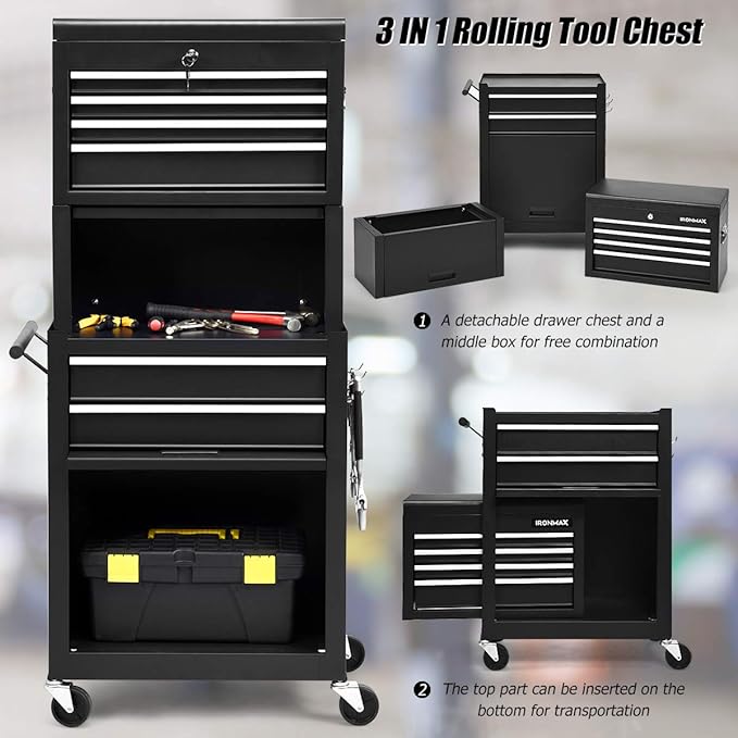 S AFSTAR 6-Drawer Rolling Tool Chest, High Capacity Tool Storage Cabinet with Wheels and Locking System, Removable Toolbox Organizer with Sliding Drawers (Black)