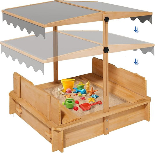 Sandbox with Lid & Cover, Wooden Kids Outdoor Sand Box with Height-Adjustable UV-Resistant Canopy, 2 Foldable Bench Seats & Bottom Liner, 43x43 Inch, Perfect for Backyard, Beach, Garden Play