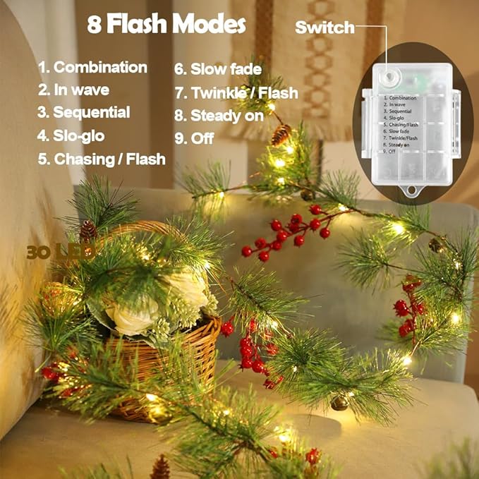Christmas Garland Lights 9.84 FT Smokey Pine Garland with 40 LED Fairy Lights Battery Operated Red Berries Bells Pine Cones Garland Wreath for Christmas Tree Door Mantle Indoor Outdoor Home Decoration
