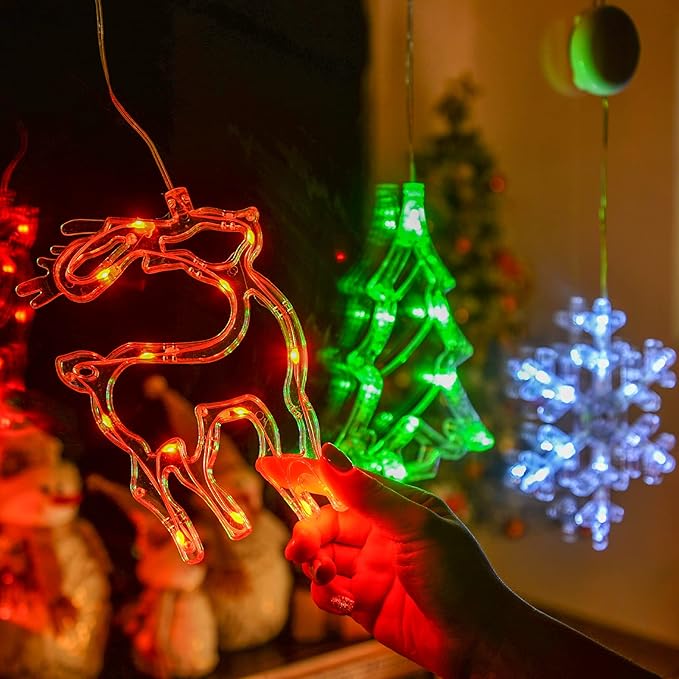 LOLStar Christmas Decorations, 3 Pack Reindeer, Christmas Tree, and Snowflake Window Lights with Suction Cup, Timer Function & Slow Fade Mode Battery Operated Indoor Lights for Christmas Eve New Year