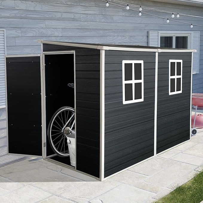 4x8 FT Resin Storage Sheds Outdoor with Floor, 2 Windows & Lockable Door Storage Shed - Waterproof Garden Tool Shed, Patio & Backyard Tool Storage Cabinet Use - Black