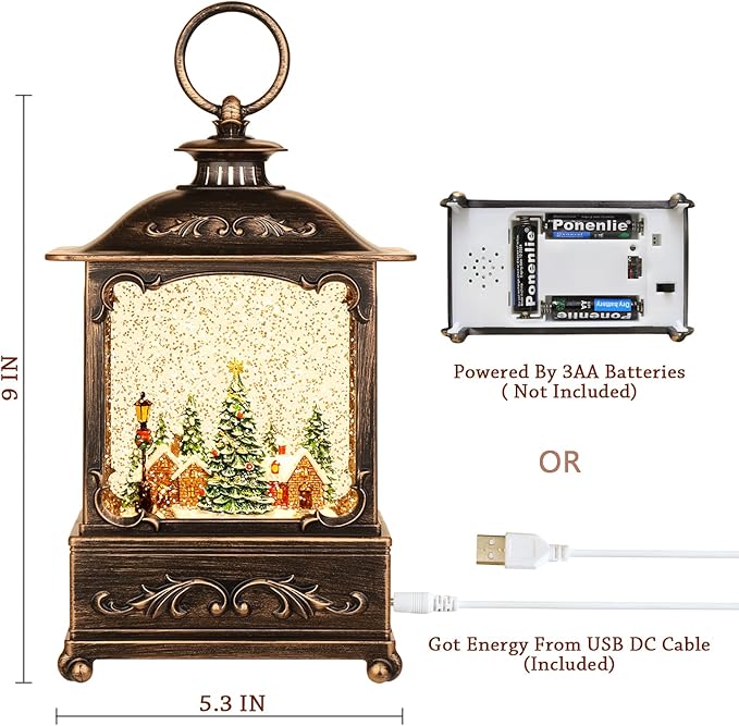 Christmas Village Snow Globe Lantern,Christmas Decorations Indoor Water Lantern Swirling Glittering with Music & Timer, USB/Battery Operated Lighted Lanterns for Home Decor Gifts (Forest House)