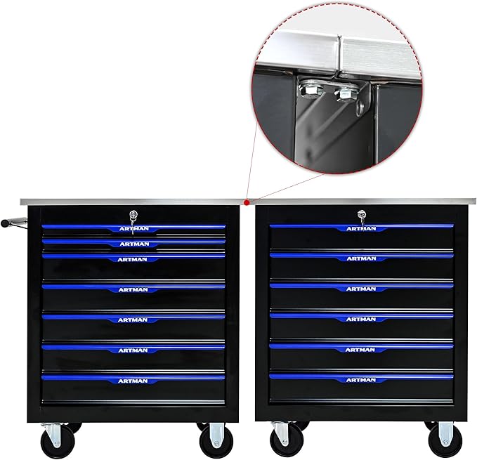 RYH 4/5/6/7 Drawers Rolling Tool Chest -Heavy Duty Mobile Metal Tool Box with Locking Wheels, with Stainless Steel Worktop, Garage Tool Storage Cabinet (Black-Blue, 7-Drawers 30.7 H¡¿25.9 W)