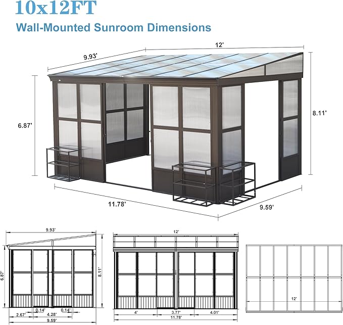 10x12FT Wall Mounted Sunroom, Outdoor Permanent Lean-to Solarium with Detachable Polycarbonate Roof, 2 Lockable Sliding Doors, Aluminum Gazebo Against The Wall Sun Room for Garden Patio Deck