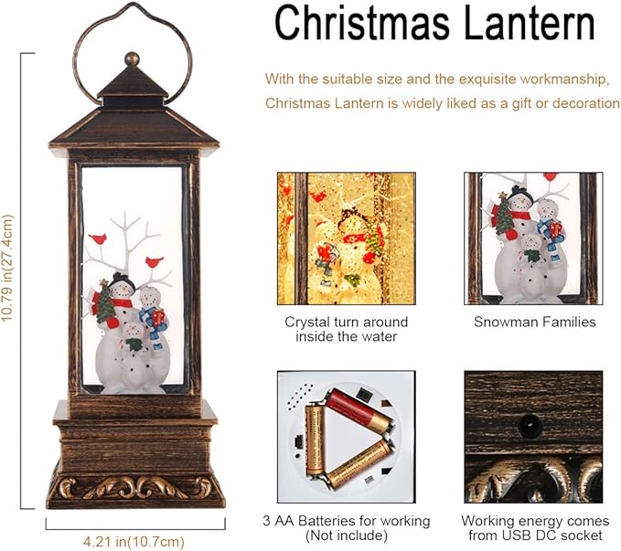 Christmas Snow Globe Lantern Christmas Decorations, Xmas Gifts Christma Vintage Home Decor Indoor,Sparkling with Music 6H Timer, Holiday Party Gifts (Snowman Family Lantern)