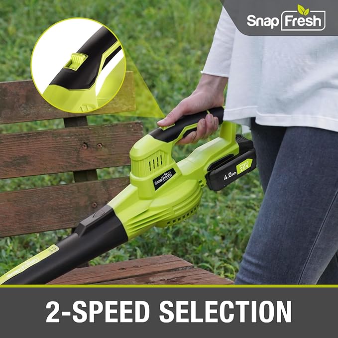 SnapFresh 20V Leaf Blower Cordless - 4.0Ah Battery Electric Leaf Blower with Fast Charger - Lightweight & 2-Speed - Battery Powered Leaf Blowers for Lawn Care, Patio Yard Sidewalk - 130 MPH 140 CFM