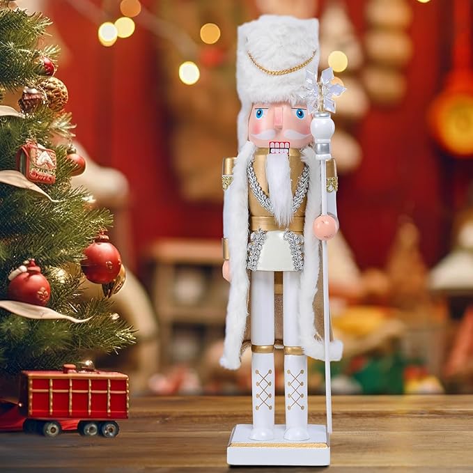 Christmas Nutcracker Decorations Nutcracker Figure 15 Inch Wooden Nutcrackers Collectible Ornament Nutcracker Soldier for Table Desktop Home Christmas Decor Xmas Indoor Decor White King