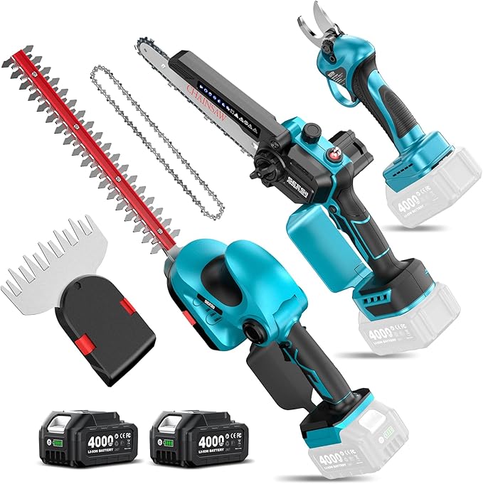 SEESII Electric Chainsaw Trimmer Pruner: 3-in-1 Cordless Chainsaw, Hedge Trimmer, Pruning Shears with 2¡¿ Rechargeable 4000mAh Batteries, Garden Tool Kit for Tree Trimming and Branch Cutting