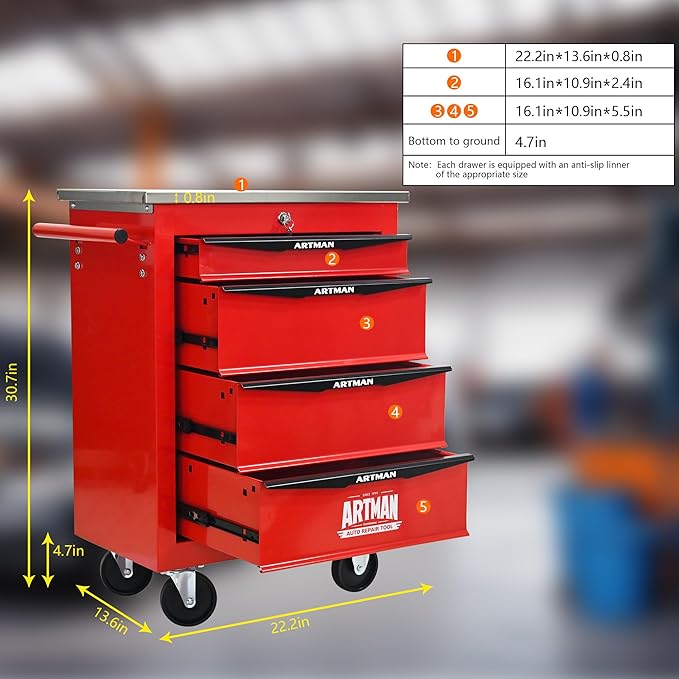 RYH 4/5/6/7 Drawers Rolling Tool Chest -Heavy Duty Mobile Metal Tool Box with Locking Wheels, with Stainless Steel Worktop, Garage Tool Storage Cabinet (Red, 4-Drawers 30.7 H¡¿22.2 W)