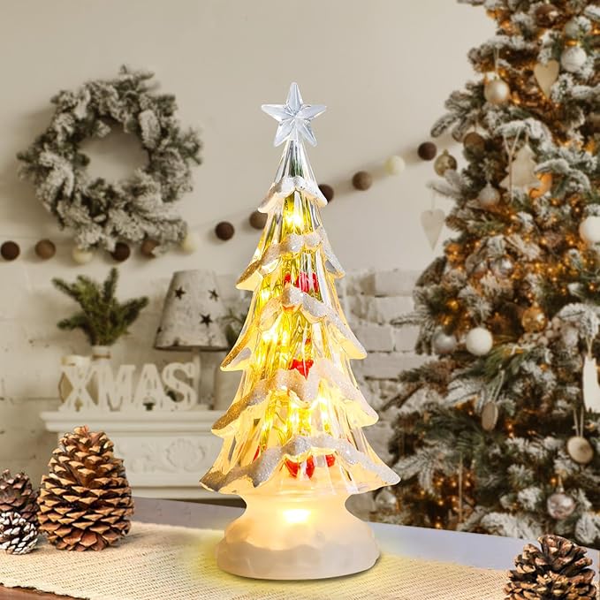 Small Christmas Tree White Acrylic Tree with Red Berries 11 Inch Tabletop Christmas Tree with LED Lights Timer Vintage Christmas Decoration Battery Operated Medium Transparent