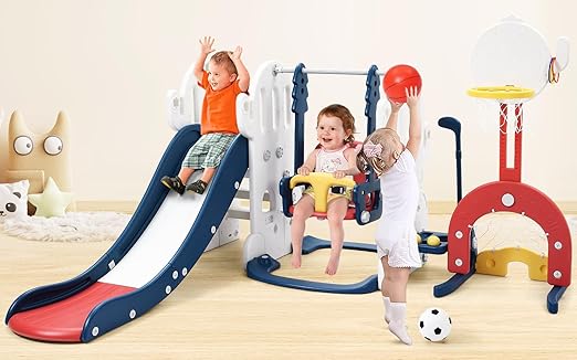 7-in-1 Toddler Playground Set ? Indoor Outdoor Slide, Adjustable Swing, Basketball Hoop, Climber, Ring Toss, Soccer, Golf ? Multifunctional Cactus Playset for Kids Ages 1-3, Blue ? Freestanding Activi