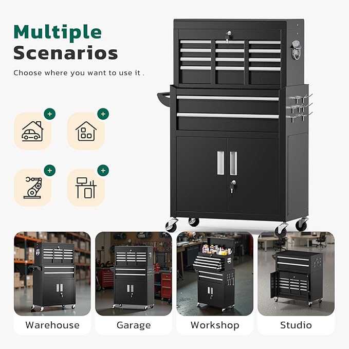 Greenvelly Rolling Tool Chest, 8-Drawer Metal Tool Chest with Wheels, Rolling Tool Cart with Detachable Top Tool Box, Metal Tool Box with Liner & Hooks for Garage, Workshop, Warehouse, Black ?
