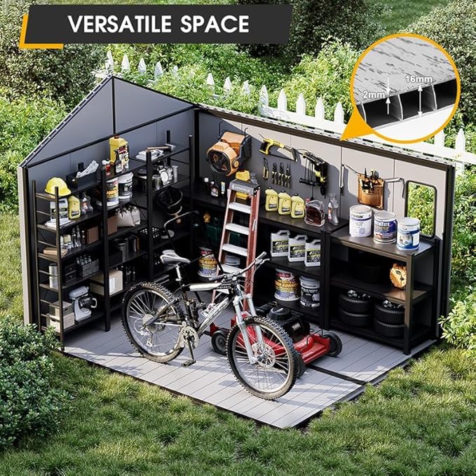 8 x 10 FT Resin Outdoor Storage Shed, All-Weather Plastic Garden Shed with Floor, Lockable Doors & Windows, Plastic Tool Shed for Poolside, Backyard, Patio