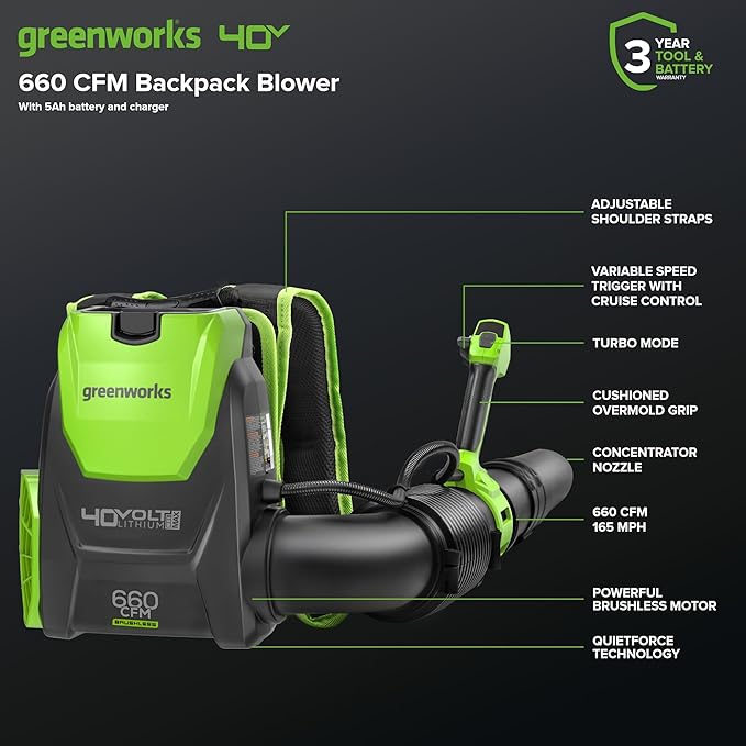 Greenworks 40V (660 CFM / 165 MPH) Brushless Backpack Leaf Blower, Commercial-Grade Power for Yards, Driveways, Patios, Includes 5.0Ah Battery & 5A Rapid Charger