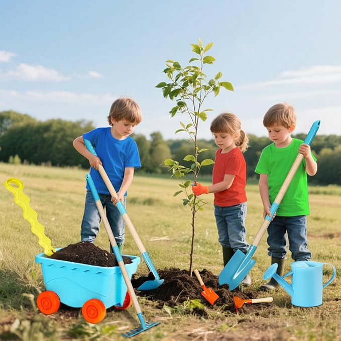 Kids Gardening Tools Set with Wheelbarrow Outdoor Educational Toy,Shovel, Rake, Watering Can,Beach,Garden,Backyard Farm Digging Toys for 3+Years Old Boys Girls Toddler Birthday Gift