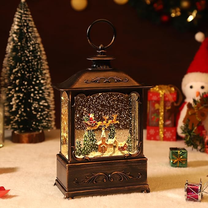 Christmas Decorations Christma Lanterns,Christmas Snow Globe Lantern-with USB+ Music Christmas Water Lantern Snow Globe Portable Creative Cute Christma Decorations and Charming Gifts