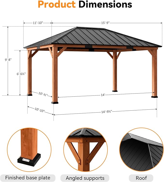Modern Shade Tranquil Grove Wood Gazebo 12' x 16', Grill Gazebo with Galvanized Steel Roof, Mosquito Netting and Curtains, Permanent Hardtop Pavilion with Sturdy Hooks for Garden, Backyard