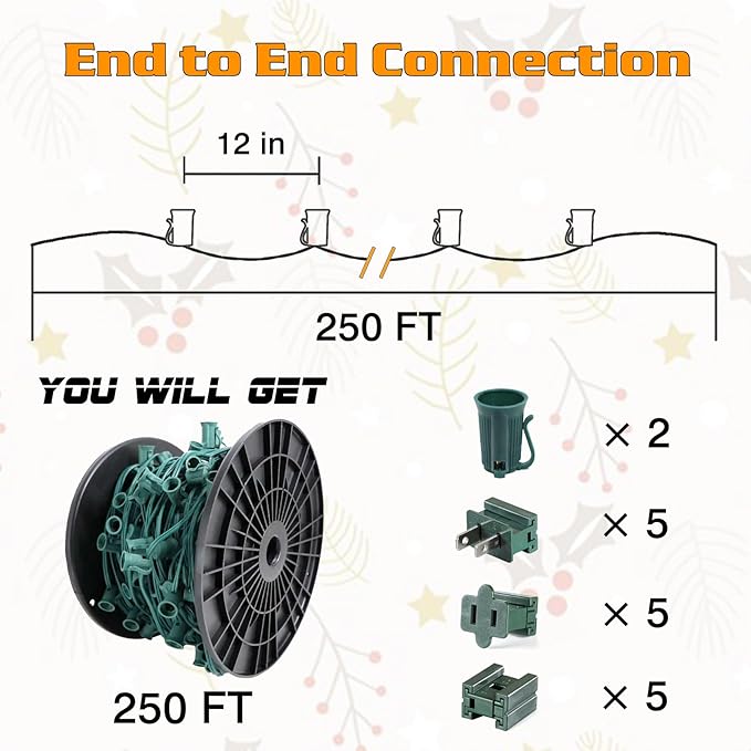 250FT C9 Outdoor String Light Stringer, E17 Socket 12" Spacing, C9 Christmas Stringer Set Spool Green Light String for Wedding Patio Event Lighting Decor, Green Wire