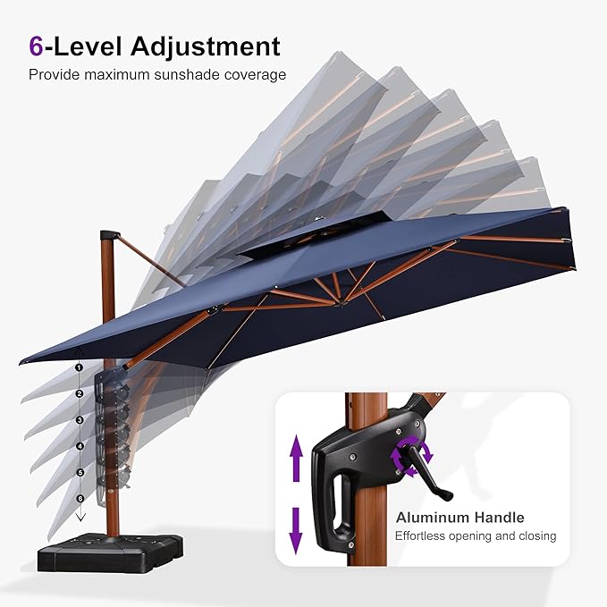 PURPLE LEAF 12ft Patio Umbrella Outdoor Square Umbrellas Large Cantilever Umbrella Windproof Offset Umbrellas Heavy Duty Sun Umbrella for Garden Deck Pool Patio, Navy Blue