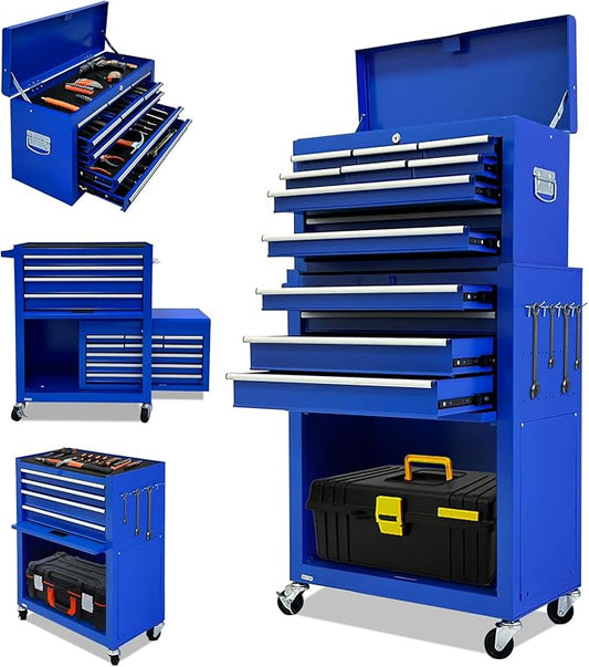 13-Drawer Rolling Tool Chest, 2-in-1 Heavy Duty Detachable Storage Cabinet with Lockable Wheels & Removable Top Box, 600 lbs Capacity for Mechanics, Garage Workshop (Blue)