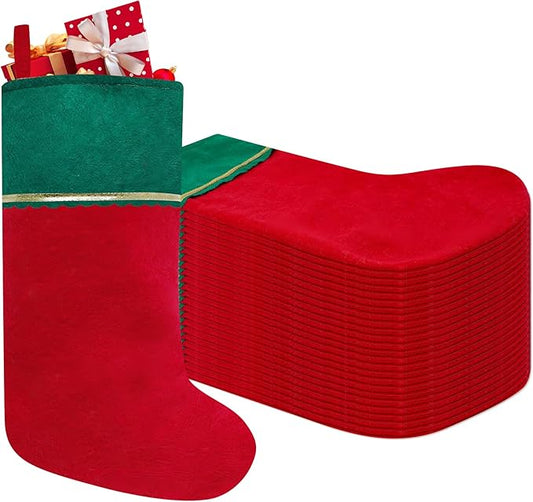 24 Pack Felt Christmas Stockings, 19 Inches Red and Green Christmas Stockings Hanging Ornaments, Green Cuff with Gold Trim Christmas Stockings for Family Christmas Holiday Decorations