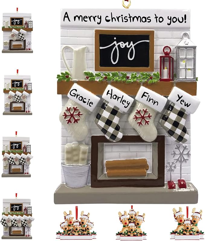 Frogaily Personalized Christmas Ornaments 2023 Fireplace Mantle Family of 2/3/4/5/6 Custom Joy Family Members' Name for Xmas Tree Decorations Customized New Year Keepsake Family Ornament（Family of 4）