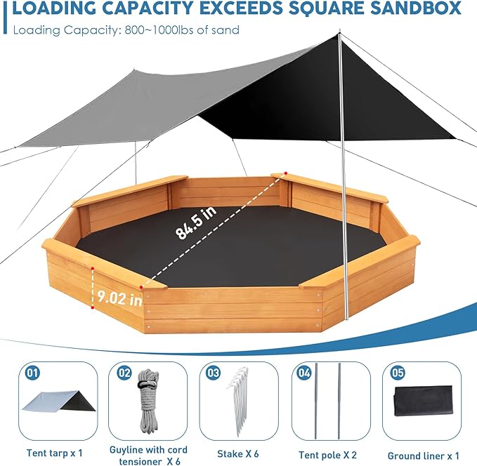 Kids Large Octagonal Wooden Outdoor Sandbox with Cover, 4 Built-in Benches Extra Large Sandpit, Bottom Liner, Playset Gift for Backyard Garden Easy Assembly