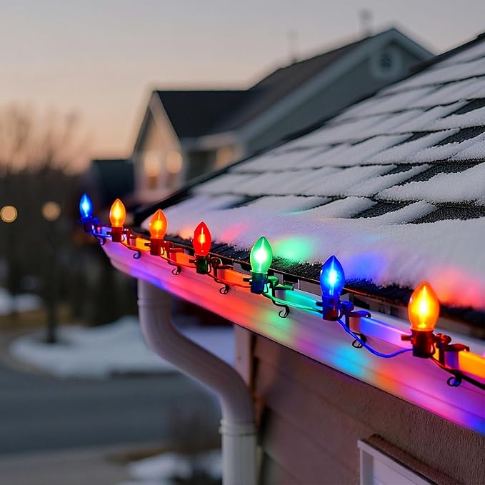 C9 LED Outdoor Christmas Lights,C9 String Lights with Quick Clips,for Xmas House Roof Gutter,Plug in & Connectable,50FT 50 Light,Multicolor
