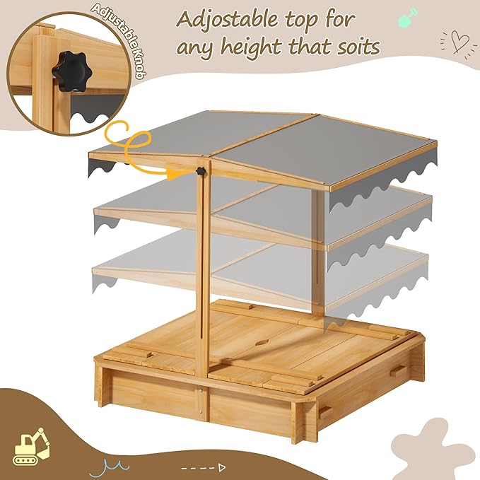 Sandbox with Lid & Cover, Wooden Kids Outdoor Sand Box with Height-Adjustable UV-Resistant Canopy, 2 Foldable Bench Seats & Bottom Liner, 43x43 Inch, Perfect for Backyard, Beach, Garden Play