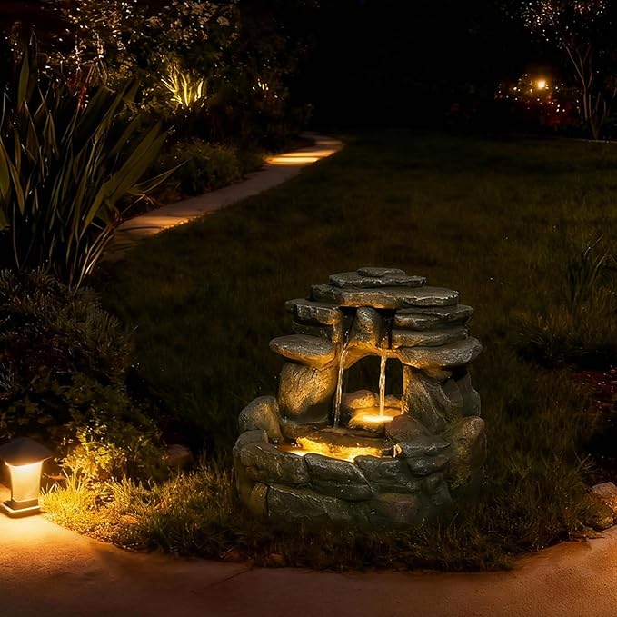 15.6''H Small Rock Water Fountain Outdoor&Indoor, 3-Tier Garden Waterfall with Warm Lights and 2 Flows for Patio, Backyard, Deck, Porch, Home DéCor, Stone Gray