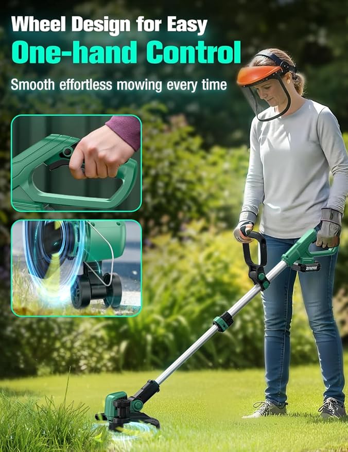 KIMO Cordless Weed Wacker Battery Operated w/ 2 x 2.0Ah Batteries, 2-in-1 String Trimmer & Edger with Charger & Wheels, 12 Dual-Sided Cutting Line, 10Pcs Cutting Lines, 20V Weed Trimmer for Lawn Yard