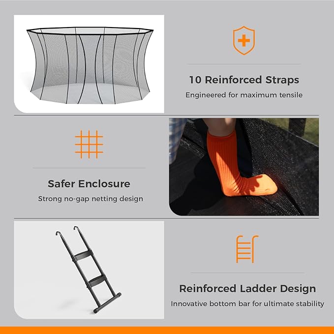 Trampoline Outdoor 10FT 14FT 16FT with Enclosure, 6 Reinforced U-Shaped Legs with Center Support, ASTM Approved, Recreational Trampoline for Kids and Adults