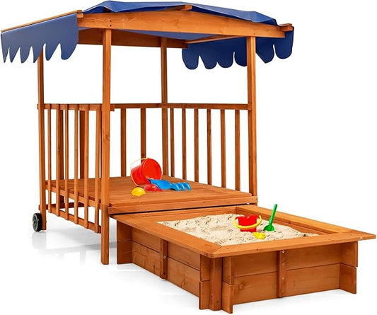 Costzon Kids Retractable Sandbox with Canopy, Wooden Cedar Cabana Playhouse w/Large Play Area, Rear Wheels and Guardrails for Backyard Garden Lawn Beach, Sandbox with Lid for Children Outdoor Play