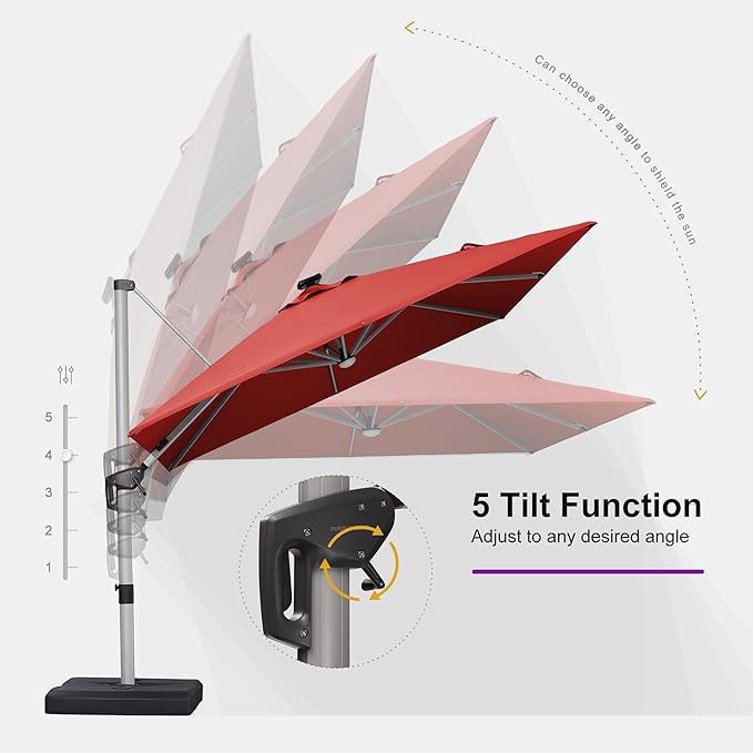 PURPLE LEAF Patio Umbrella with base 9 Feet Outdoor Square Cantilever Umbrella Solar Powered LED with 360-degree Rotation for Garden Deck Pool Patio, Brick Red