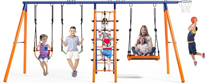Swing Sets for Backyard 700 lbs - 6 in 1 Multifunction Swing Set Outdoor for Kids Playground, Larger Heavy Duty Metal Swing Stand with 3 Adjustable Swings, Climbing Ladder and Net, Basketball Hoop
