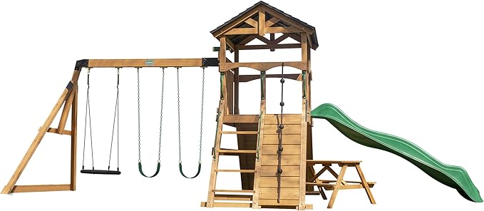 Backyard Discovery Endeavor II Cedar Wood Swing Set with Wave Slide, Play Deck, Double Rock Wall, Picnic Table, Climbing Wall, Belt Swings, Web Swing, Toy Telescope, Step Ladder, Outdoor Playset