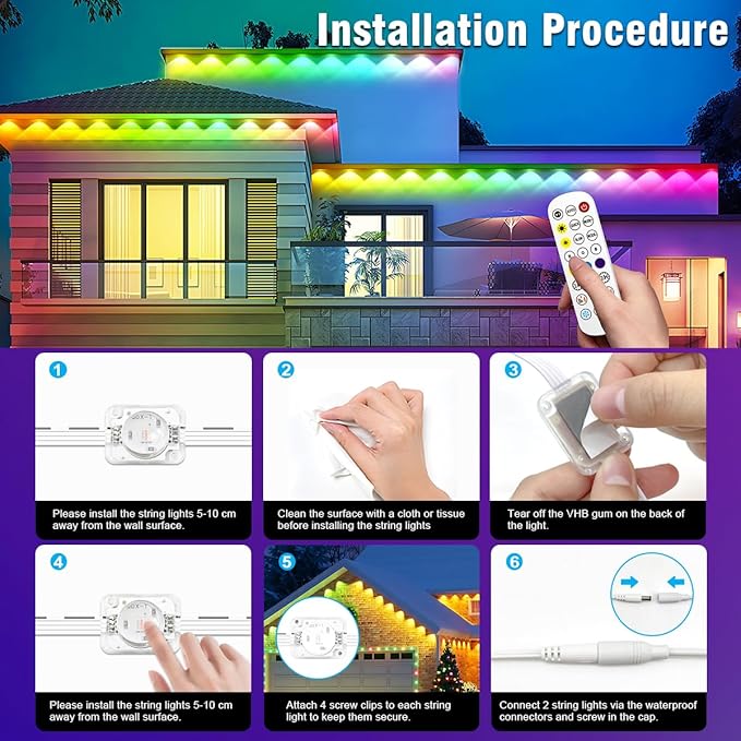 Permanent Outdoor Lights,50ft Smart RGB LED Outdoor Light Strip with Remote APP Control,IP67 Waterproof Christmas Fairy Lights for Christmas Decor,Halloween,Holiday,Party, House Outside Decor