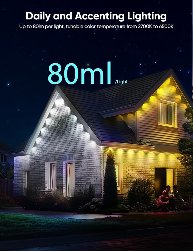 APPECK Permanent Outdoor Lights Pro 150ft, 108W RGBCW Eaves Light with 108 LED Lights, 80lm, Cuttable, 111 Scene Modes, IP67 Waterproof Lighting for Halloween Decoration, Compatible with Alexa, Black