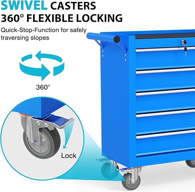 5 Drawers Rolling Tool Chest, Portable Storage Tool Box with Wheels, Tool Chest with Lock for Warehouse, Garage, Repair Shop and Tool Room (Blue)