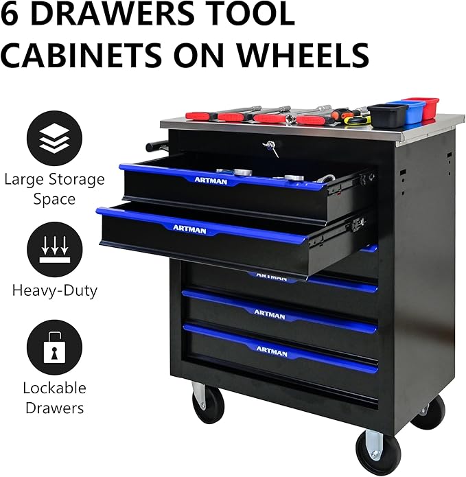 RYH 4/5/6/7 Drawers Rolling Tool Chest -Heavy Duty Mobile Metal Tool Box with Locking Wheels, with Stainless Steel Worktop, Garage Tool Storage Cabinet (Black-Blue, 6-Drawers 30.7 H¡¿25.9 W)