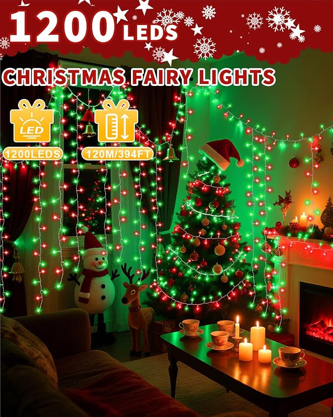 Christmas Lights String Outdoor Indoor, 1200 LED 403FT Red Green Xmas Tree Decorations Lights, Plug in Twinkle Fairy Light with Remote Timer Dimmable for Room Yard Holiday Party Wedding Camping Decor